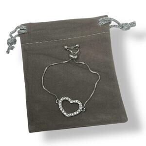 🆕 Girls Heart Silver Tone Adjustable Bracelet w/ Swarovski Crystals. Gift Pouch